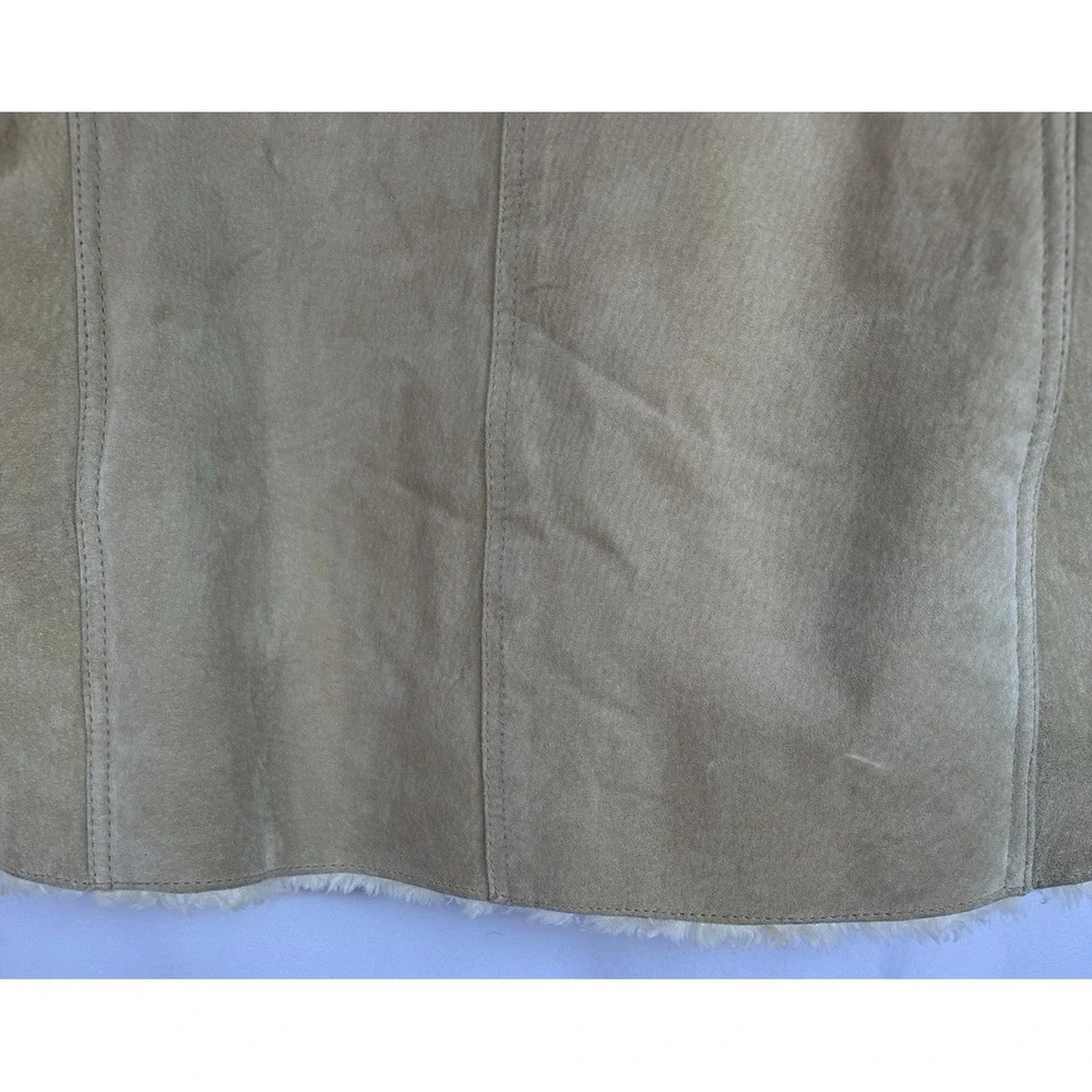 Jones NY Womens Penny Lane Suede Faux Fur Lined Coat Size L Hood Zip Tan *flaws